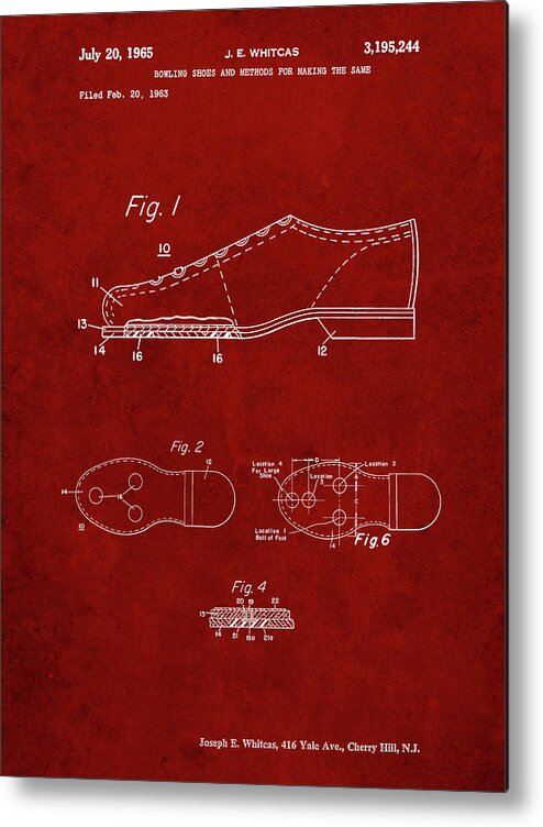 Pp655-burgundy Vintage Bowling Shoes Patent Poster Metal Print featuring the digital art Pp655-burgundy Vintage Bowling Shoes Patent Poster by Cole Borders