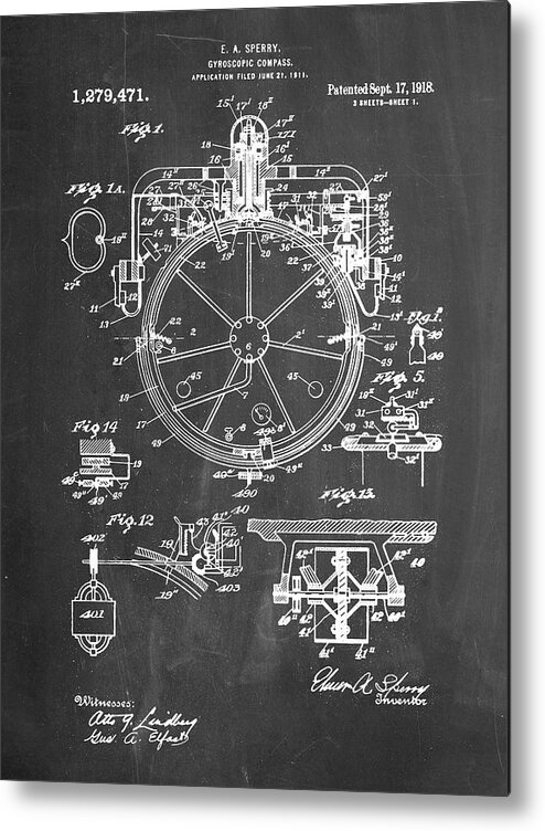 Pp67-chalkboard Gyrocompass Patent Poster Metal Print featuring the digital art Pp67-chalkboard Gyrocompass Patent Poster by Cole Borders