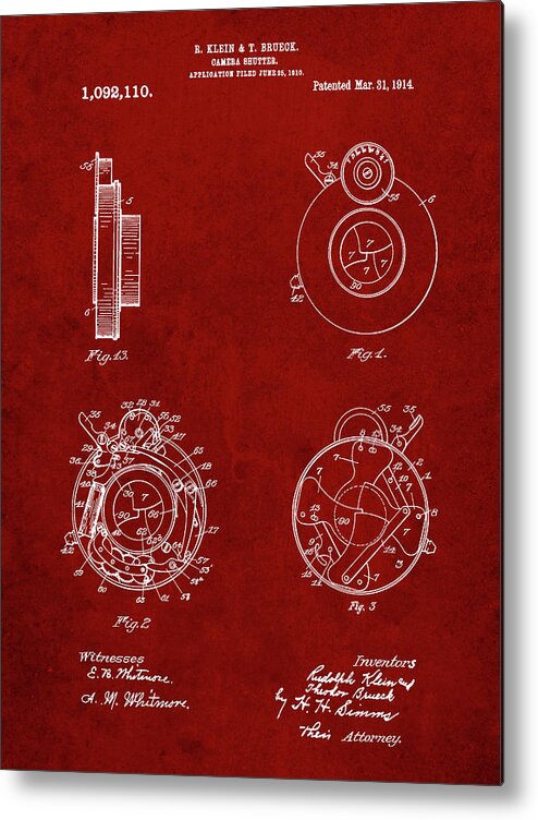 Pp720-burgundy Bausch And Lomb Camera Shutter Patent Poster Metal Print featuring the photograph Pp720-burgundy Bausch And Lomb Camera Shutter Patent Poster by Cole Borders