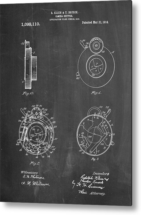 Pp720-chalkboard Bausch And Lomb Camera Shutter Patent Poster Metal Print featuring the photograph Pp720-chalkboard Bausch And Lomb Camera Shutter Patent Poster by Cole Borders