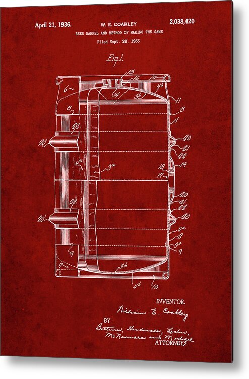 Pp727-burgundy Beer Barrel Patent Poster Metal Print featuring the digital art Pp727-burgundy Beer Barrel Patent Poster by Cole Borders