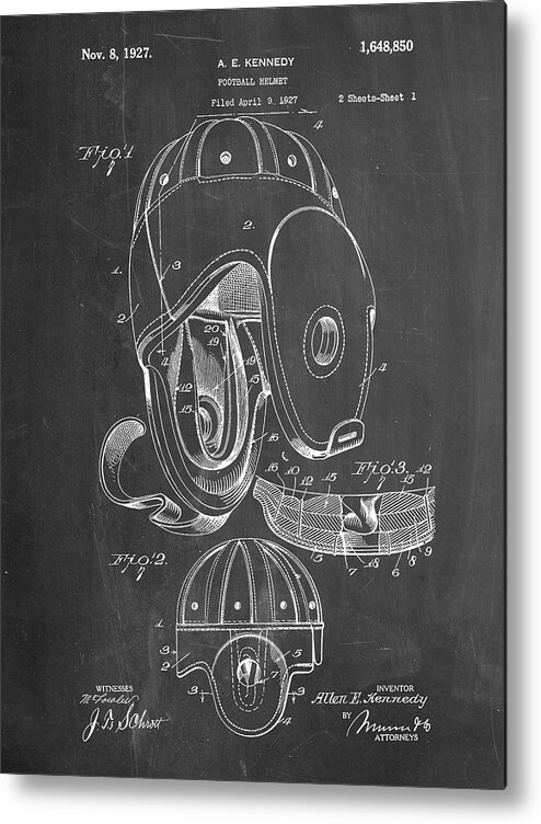 Pp73-chalkboard Football Leather Helmet 1927 Patent Poster Metal Print featuring the digital art Pp73-chalkboard Football Leather Helmet 1927 Patent Poster by Cole Borders