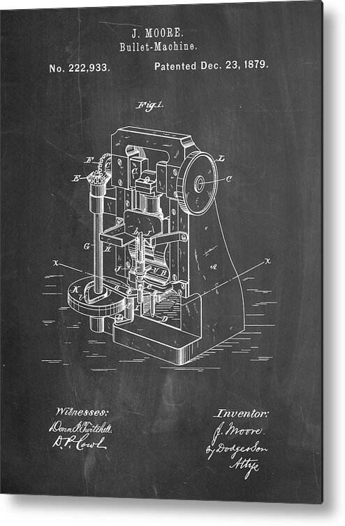 Pp757-chalkboard Bullet Machine Patent Poster Metal Print featuring the digital art Pp757-chalkboard Bullet Machine Patent Poster by Cole Borders