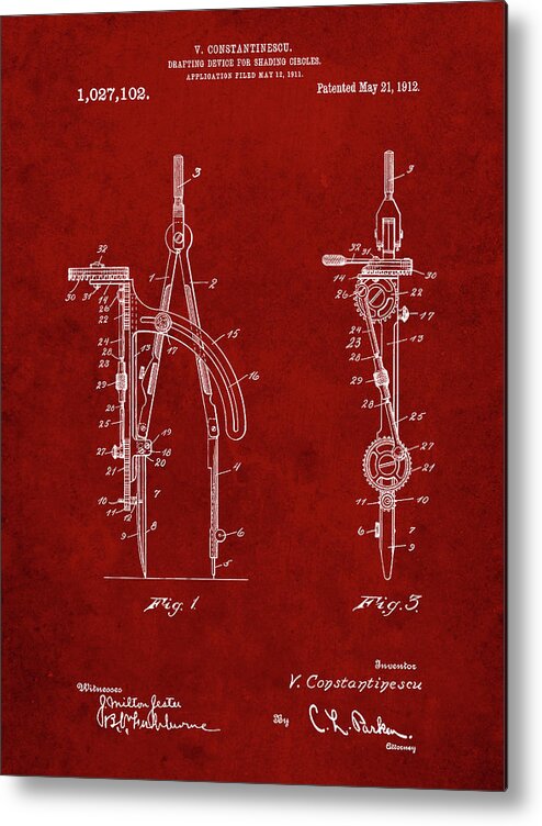 Pp785-burgundy Drafting Compass 1912 Patent Poster Metal Print featuring the digital art Pp785-burgundy Drafting Compass 1912 Patent Poster by Cole Borders