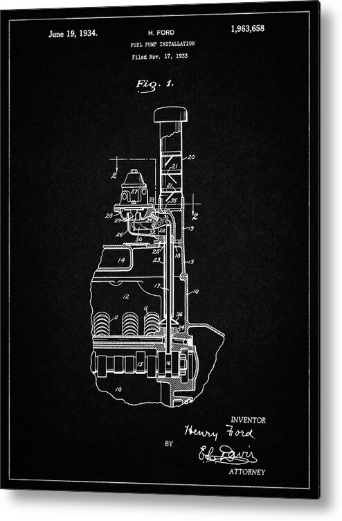 Pp842-vintage Black Ford Fuel Pump 1933 Patent Poster Metal Print featuring the digital art Pp842-vintage Black Ford Fuel Pump 1933 Patent Poster by Cole Borders