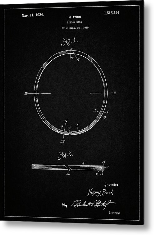 Pp846-vintage Black Ford Piston Ring Patent Poster Metal Print featuring the digital art Pp846-vintage Black Ford Piston Ring Patent Poster by Cole Borders