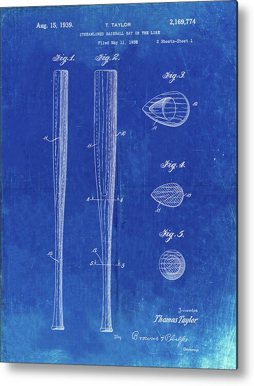 Pp89-faded Blueprint Vintage Baseball Bat 1939 Patent Poster Metal Print featuring the digital art Pp89-faded Blueprint Vintage Baseball Bat 1939 Patent Poster by Cole Borders
