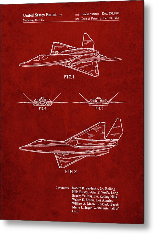 Pp972-burgundy Northrop F-23 Fighter Stealth Plane Patent Metal Print featuring the digital art Pp972-burgundy Northrop F-23 Fighter Stealth Plane Patent by Cole Borders