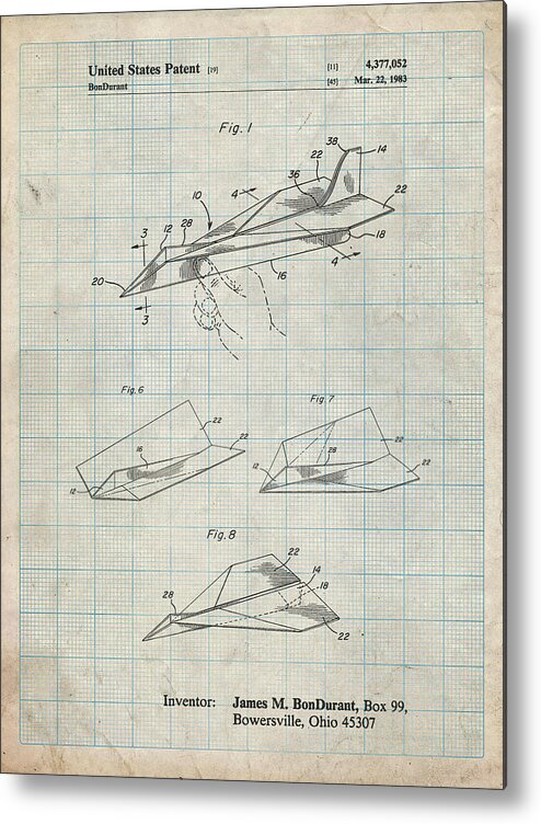 Pp983-antique Grid Parchment Paper Airplane Patent Poster Metal Print featuring the digital art Pp983-antique Grid Parchment Paper Airplane Patent Poster by Cole Borders