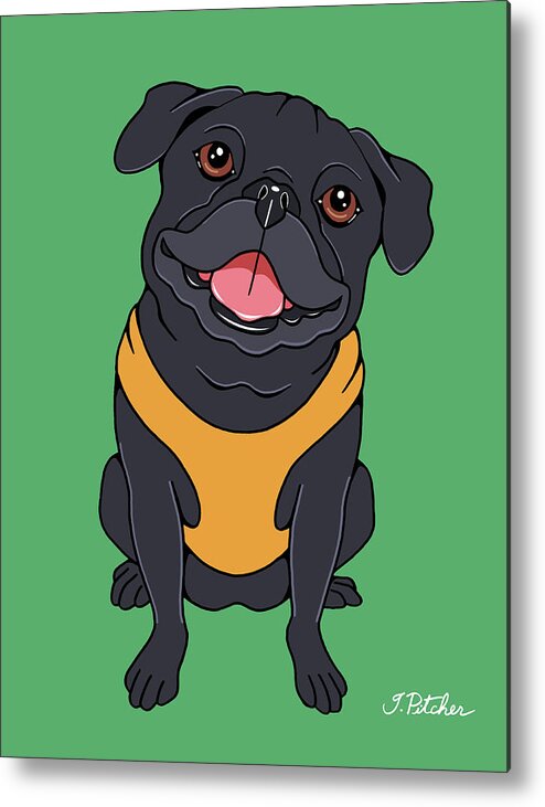 Pug Black Metal Print featuring the mixed media Pug Black by Tomoyo Pitcher