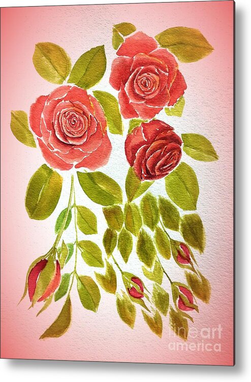 Red Metal Print featuring the painting Red Rose Floral Pre Framed by Delynn Addams