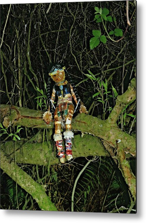 Doll Metal Print featuring the photograph Spooky doll in forest by Martin Smith