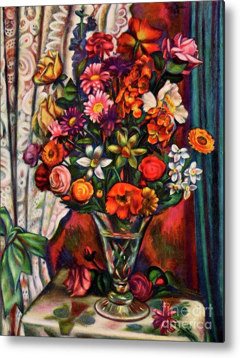 Vase Metal Print featuring the drawing Still Life Of Flowers In A Silver Vase by Print Collector