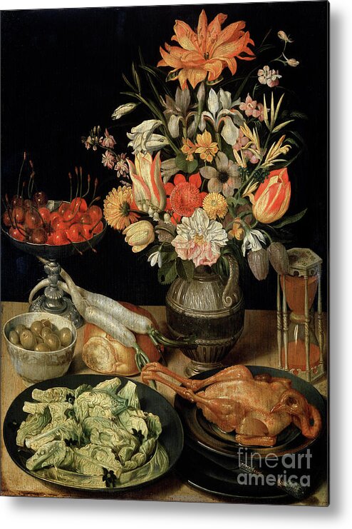 Oil Painting Metal Print featuring the drawing Still Life With Flowers And Snack by Heritage Images