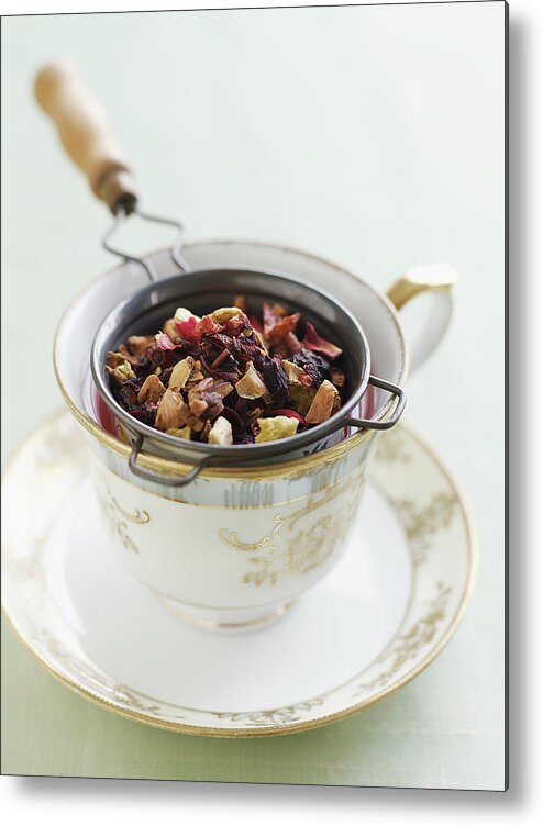 Tea Strainer Metal Print featuring the photograph Straining Rose Tea Over Cup by Alexandra Grablewski
