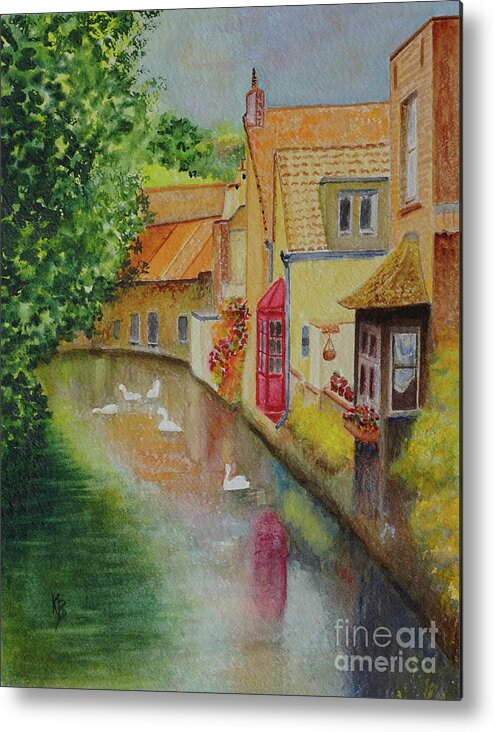 Bruges Metal Print featuring the painting Swan Canal by Karen Fleschler