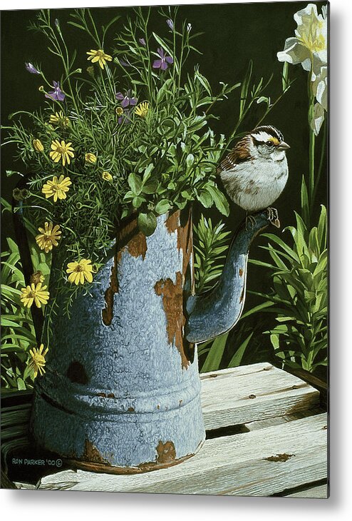 A Small Bird Rests On The Spout Of A Rusty Coffee Pot Metal Print featuring the painting The Coffee Pot by Ron Parker