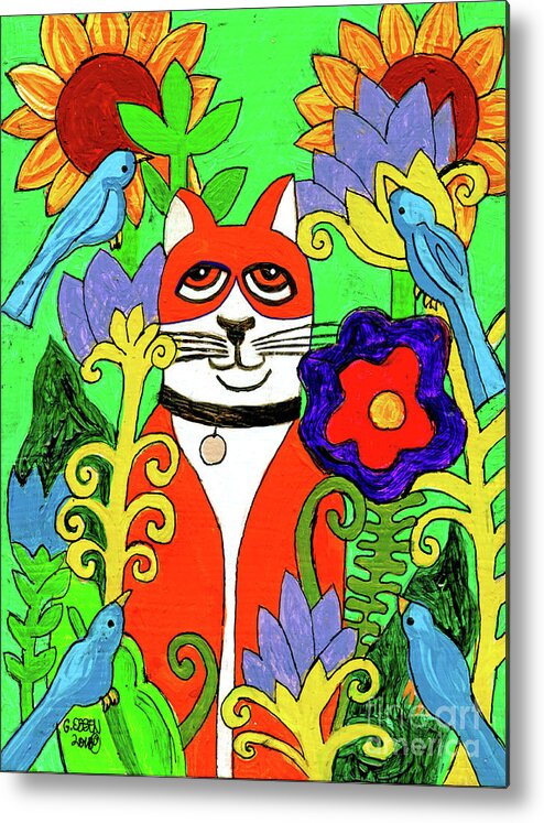Cat Metal Print featuring the painting Tuxedo Cat With Four Bluebirds In Garden by Genevieve Esson