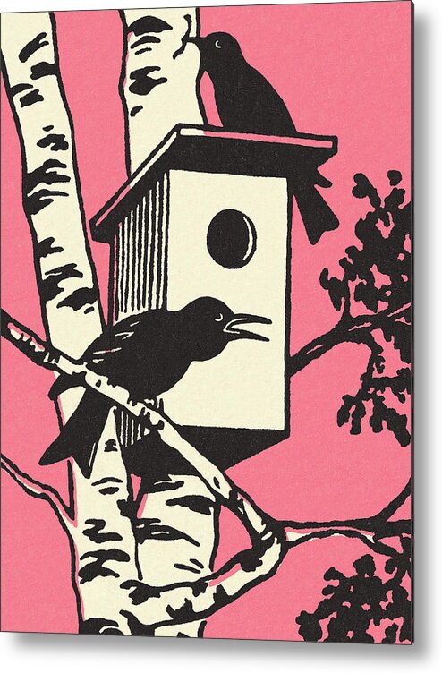 Animal Metal Print featuring the drawing Two Birds and a Birdhouse by CSA Images