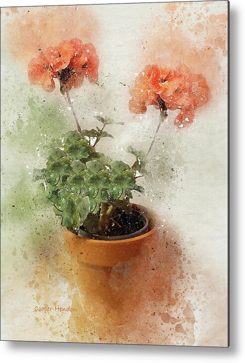 Digital Impressionism Watercolor Flower Floral Nature Plant Peggy Cooper Hendon Cooperhouse Publishing Pink Salmon Green Clay Pot Metal Print featuring the photograph Two Geraniums by Peggy Cooper-Hendon
