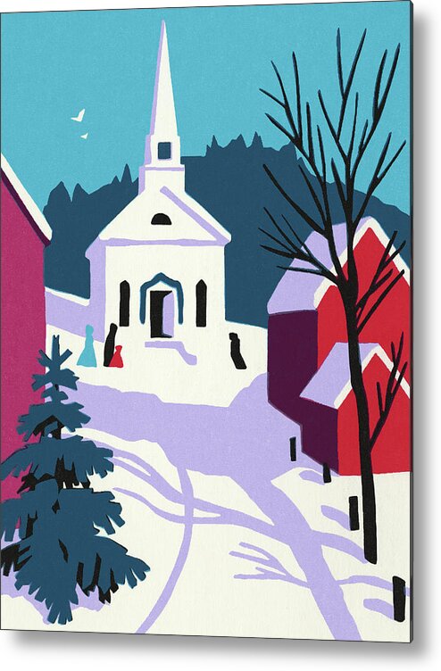 Barn Metal Print featuring the drawing Winter Scene With a Small Church by CSA Images
