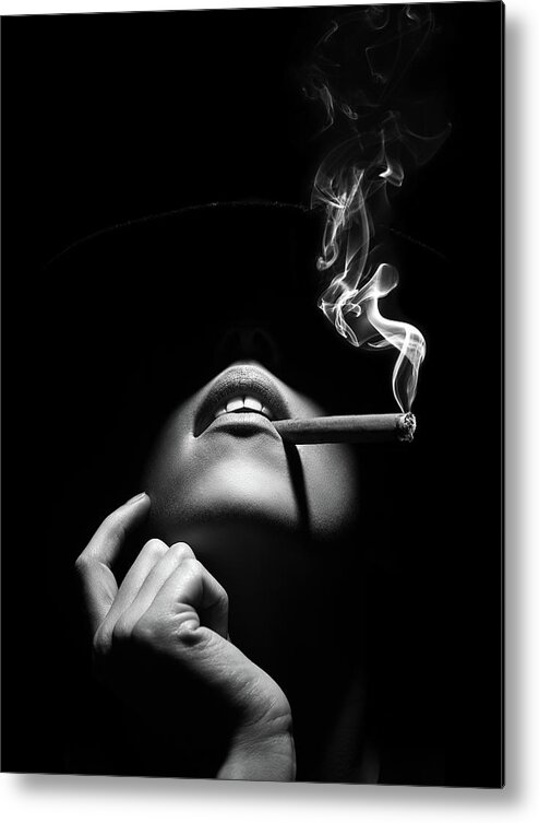 Woman Metal Print featuring the photograph Woman smoking a cigar by Johan Swanepoel