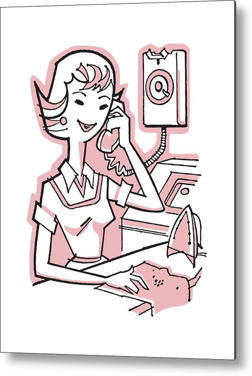 Adult Metal Print featuring the drawing Woman Talking on the Telephone While Ironing Clothes by CSA Images