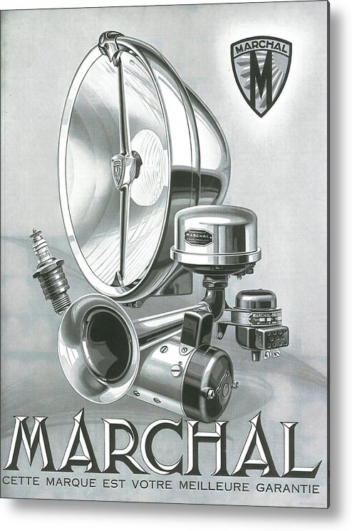 Marchal Metal Print featuring the mixed media 1930s advertisement Marchal lamps and horns by Retrographs