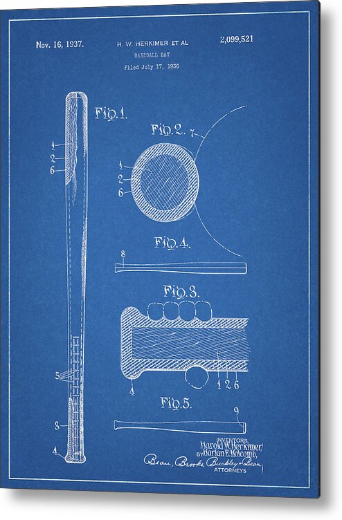 1937 Baseball Bat Patent Metal Print featuring the drawing 1937 Baseball Bat Patent Blueprint by Dan Sproul
