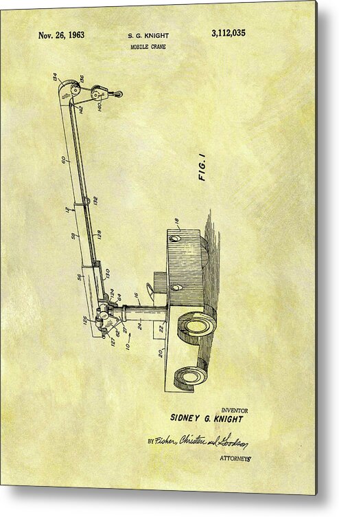 1963 Mobile Crane Patent Metal Print featuring the drawing 1963 Mobile Crane Patent by Dan Sproul