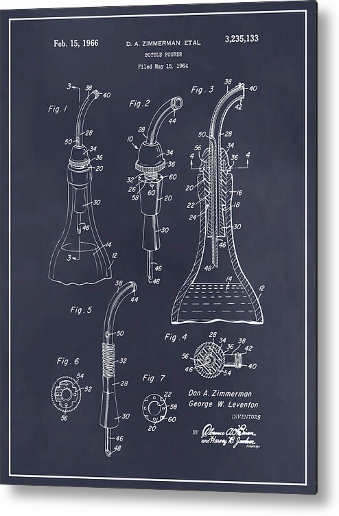 1964 Bottle Pourer Patent Print Metal Print featuring the drawing 1964 Bottle Pourer Blackboard Patent Print by Greg Edwards