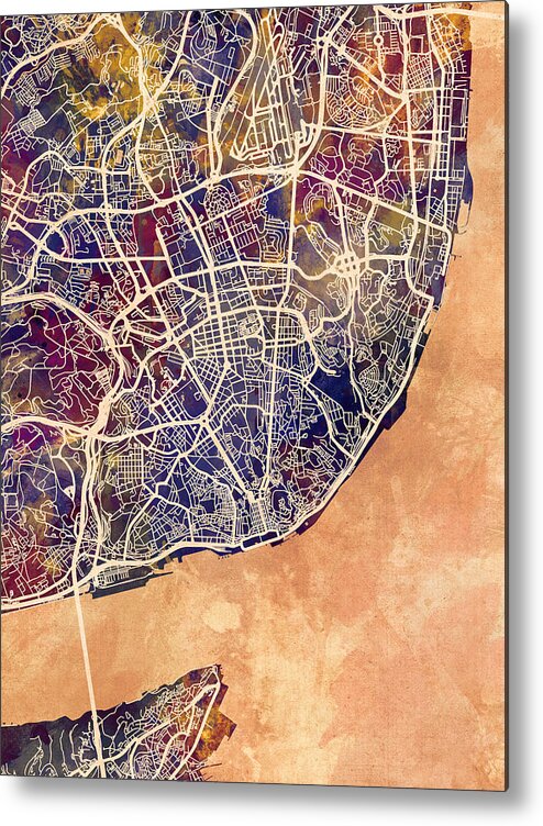 Lisbon Metal Print featuring the digital art Lisbon Portugal City Map #2 by Michael Tompsett
