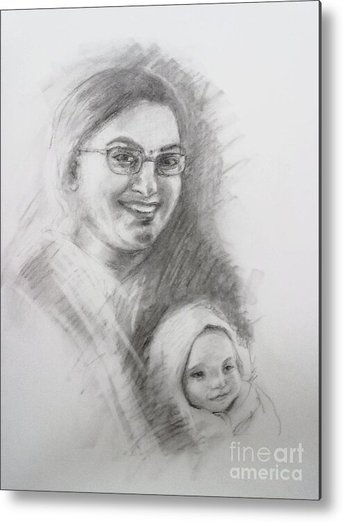 Sketch Metal Print featuring the painting A friend wit her nephew by Asha Sudhaker Shenoy