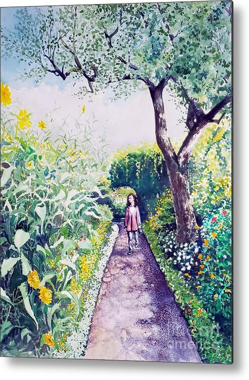 Walk Metal Print featuring the painting A Stroll by the Sunflowers by Merana Cadorette