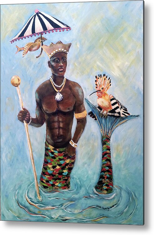 Olokun Metal Print featuring the painting African Merman King Olokun by Linda Queally by Linda Queally