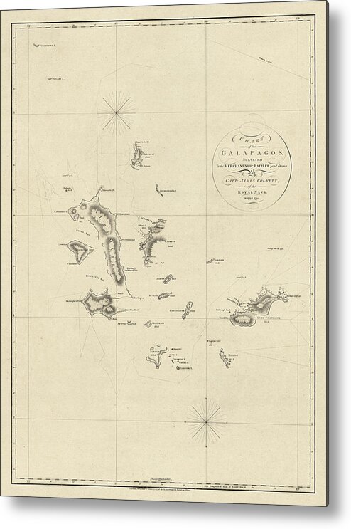 Galapagos Islands Metal Print featuring the drawing Antique Map of the Galapagos Islands by James Colnett - 1798 by Blue Monocle