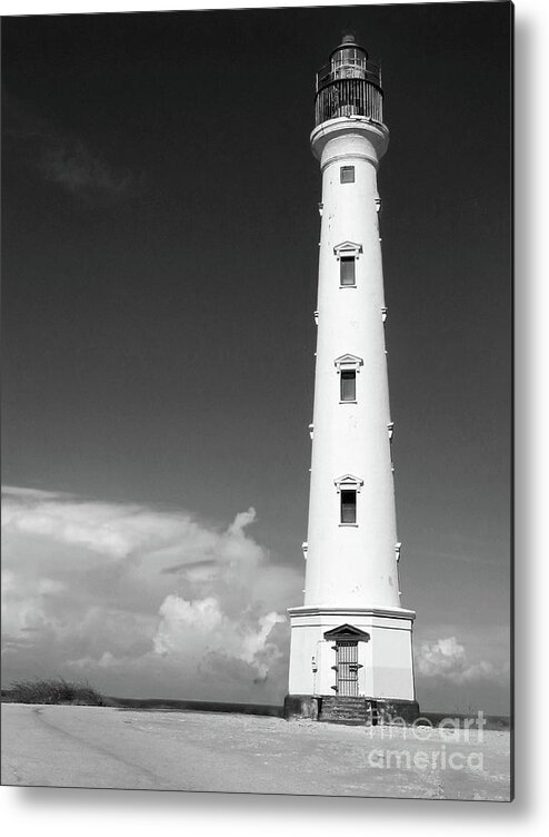 Lighthouse; California Lighthouse; Aruba; Blue; Beach; Rocks; Rock; Clouds; Cloud; Beach; Windows; Sky; Building; Remote; Black And White; Metal Print featuring the photograph Aruba California Light BW by Tina Uihlein