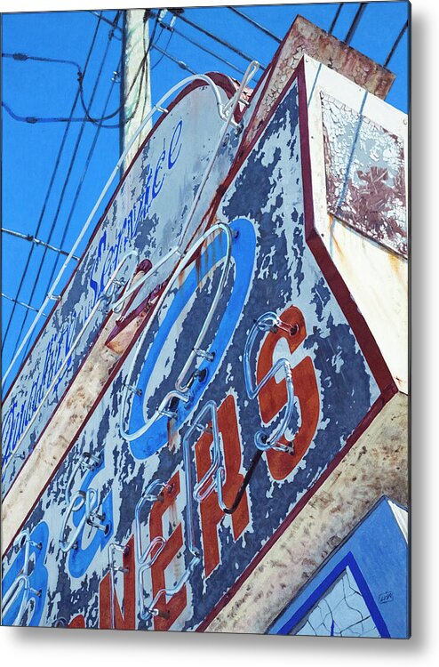 Neon Metal Print featuring the painting B and O Cleaners by Lisa Tennant