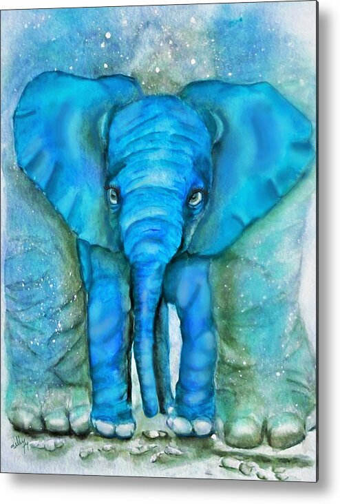 The Playroom Metal Print featuring the mixed media Baby Elephant Safe Under Mama by Kelly Mills
