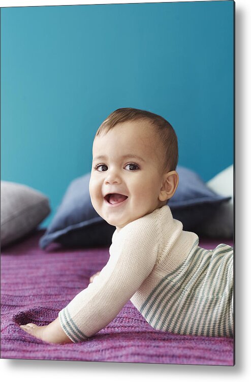 Toddler Metal Print featuring the photograph Baby Holding Himself Up and Smiling by Alexandra Grablewski