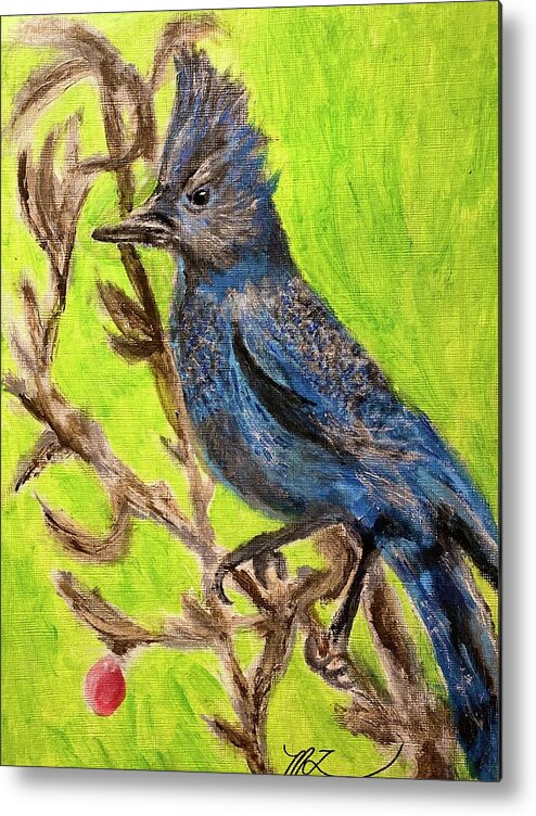 Stellar Jay Metal Print featuring the painting Backyard Friend by Melody Fowler