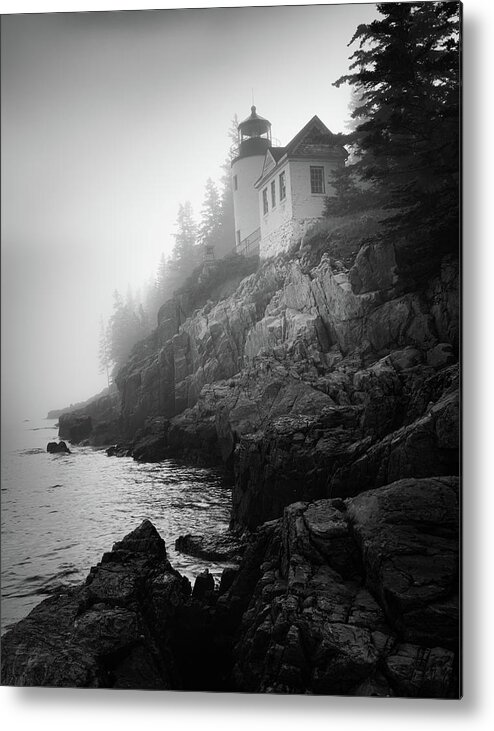 Lighthouse Metal Print featuring the photograph Bass Harbor Light Maine Black And White. by Jordan Hill