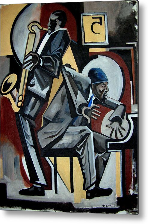 Thelonious Monk John Coltrane Jazz Piano Saxophone Metal Print featuring the painting Blues 5 Spot by Martel Chapman