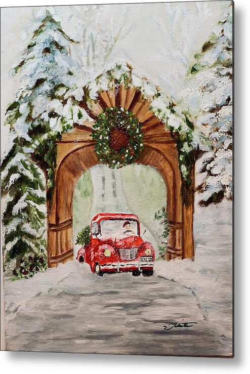 Red Truck Metal Print featuring the painting Bringing Home the Tree by Juliette Becker