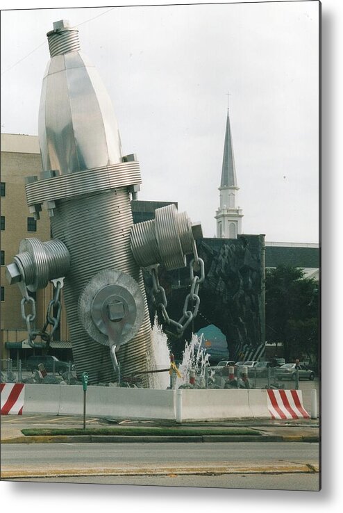 Public Art Metal Print featuring the sculpture Busted Plug Plaza by Blue Sky