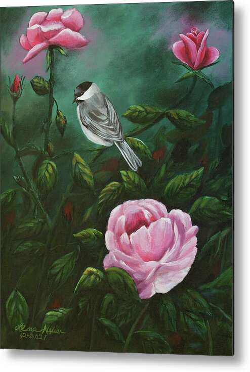 Chickadee Metal Print featuring the painting Chickadee and Roses by Lena Auxier