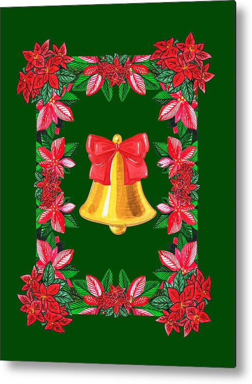 Gold Bell Metal Print featuring the painting Christmas Poinsettia Golden Bell With Red Bow Watercolor by Irina Sztukowski