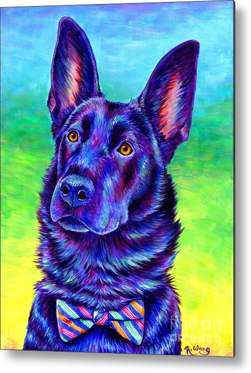 German Shepherd Metal Print featuring the painting Colorful Black German Shepherd Dog by Rebecca Wang