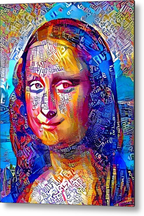 Mona Lisa Metal Print featuring the digital art Colorful Mona Lisa portrait with blue, orange and magenta color scheme by Nicko Prints