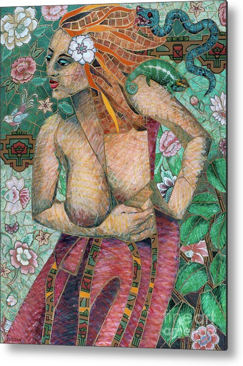 Mosaic Metal Print featuring the mixed media mosaic art - Woman in Two Worlds by Sharon Hudson